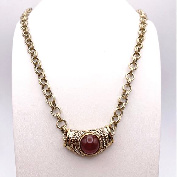 Roman Signed Vintage Pendant With Carnelian Stone and Long Gold Tone Necklace - Picture 2 of 6